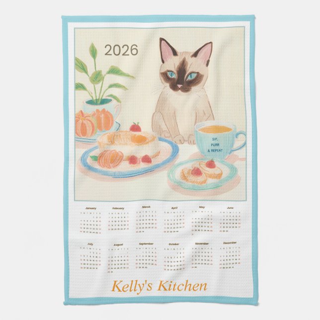 Toalla de cocina calendario con garras siamesas y  (Vertical)