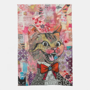 Toalla de Cocina Collage de Papel Mixto Gato