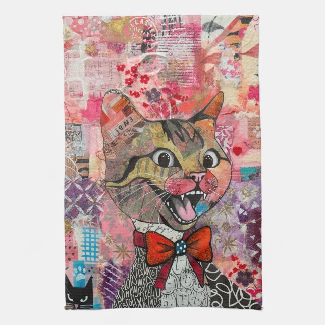Toalla de Cocina Collage de Papel Mixto Gato (Vertical)