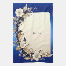 Toalla de cocina con adorno floral blanco azulado