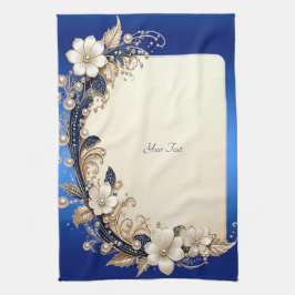 Toalla de cocina con adorno floral blanco azulado