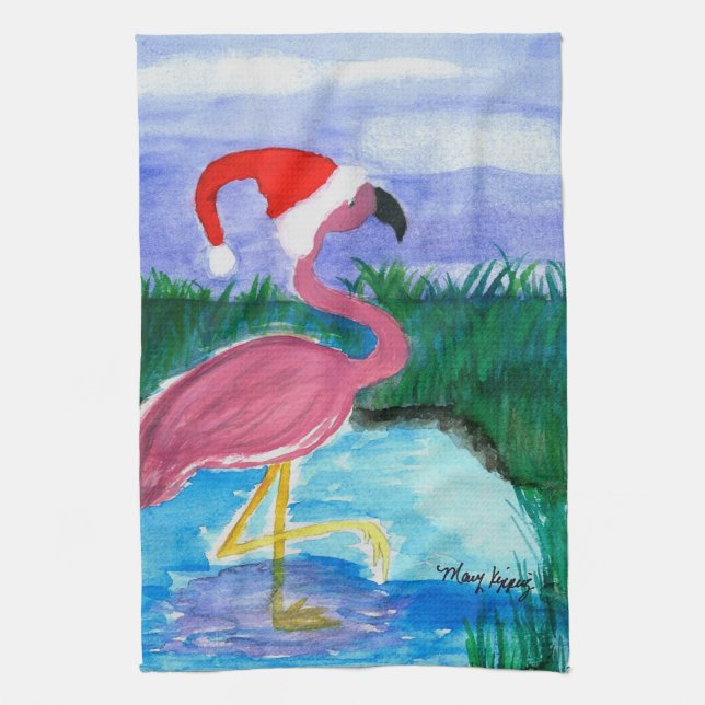 Toalla de cocina con arte de Santa Flamingo (Vertical)