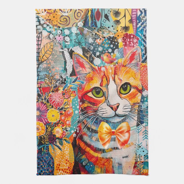 Toalla de cocina con collage de papel mixto de gat (Vertical)