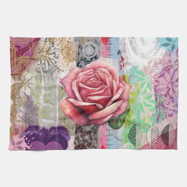 Toalla de cocina con collage floral de rosa de med (Horizontal)