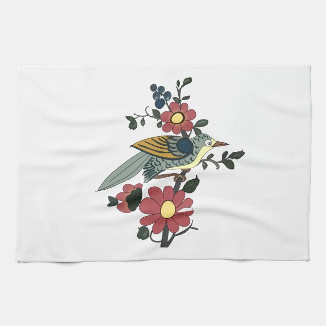 Toalla de cocina con el pájaro y la flor (Horizontal)