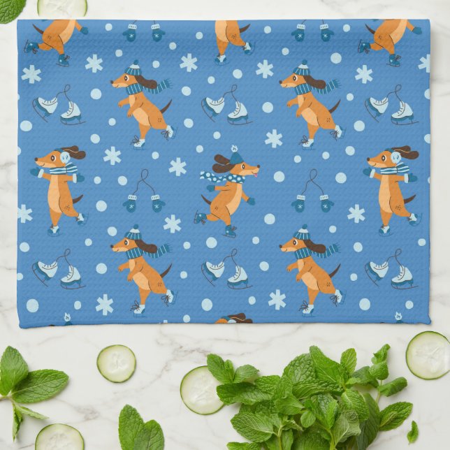 Toalla de cocina con estampado de perros patinando (Doblado)