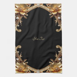 Toalla de cocina con flores decorativas doradas