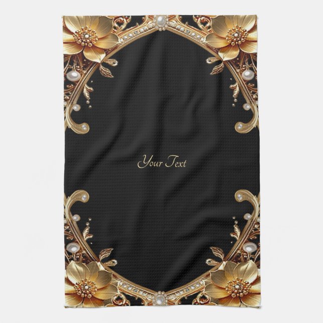 Toalla de cocina con flores decorativas doradas (Vertical)