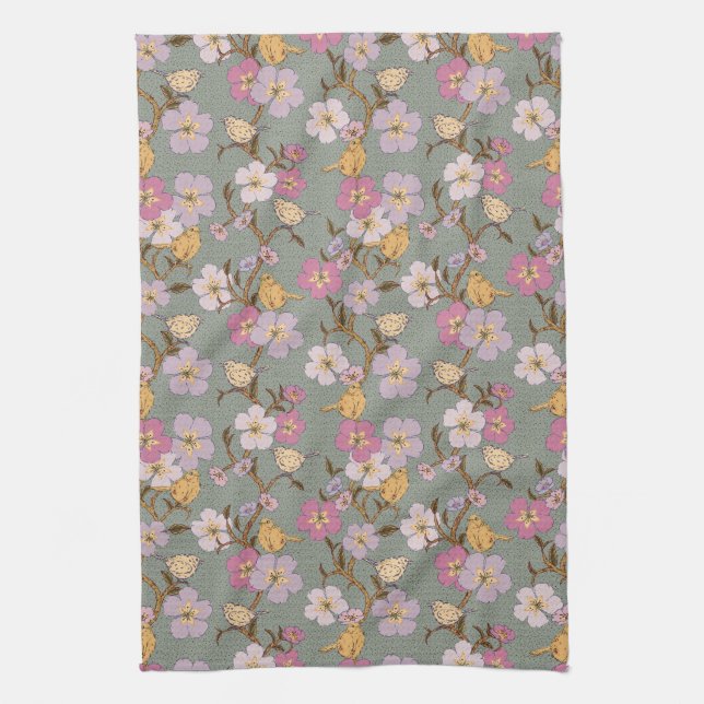 Toalla de cocina con flores y pájaros caprichosos (Vertical)