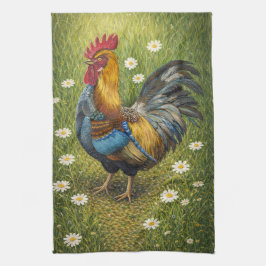 Toalla de cocina con gallo colorido en prado de ma