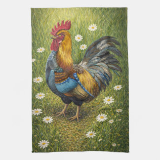 Toalla de cocina con gallo colorido en prado de ma