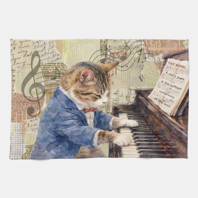 Toalla de cocina con gato de medios mixtos tocando (Horizontal)