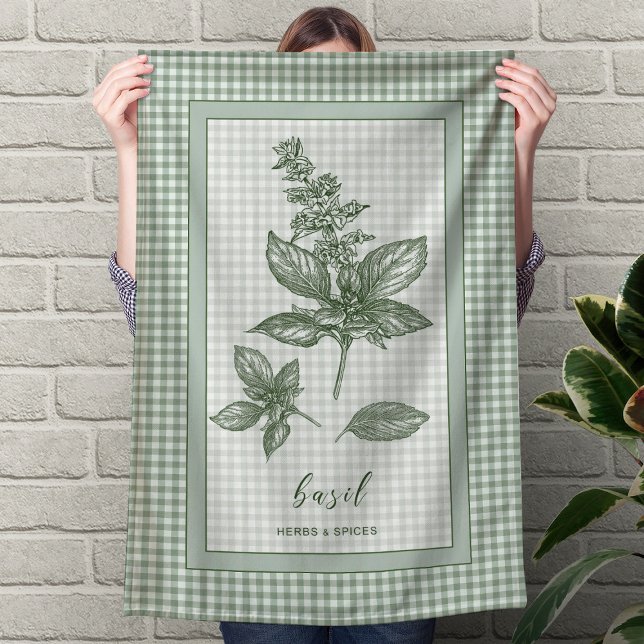 Toalla de cocina con hierba de albahaca – Borde de (Basil Herb Kitchen Towel – Green Gingham Border)