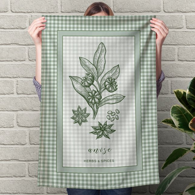 Toalla de cocina con hierba de anís – Borde de gin (Anise Herb Kitchen Towel – Green Gingham Border)