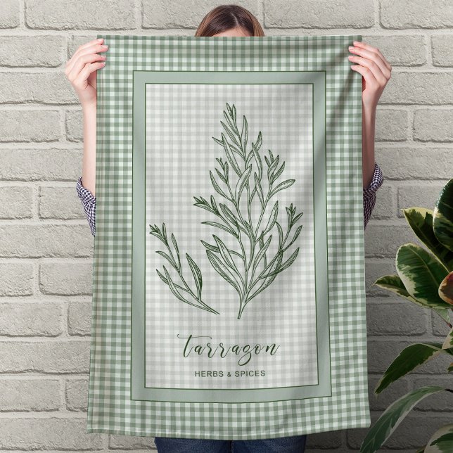 Toalla de cocina con hierba de estragón – Borde de (Tarragon Herb Kitchen Towel – Green Gingham Border)