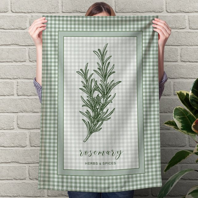 Toalla de cocina con hierba de romero – Borde de g (Rosemary Herb Kitchen Towel – Green Gingham Border)