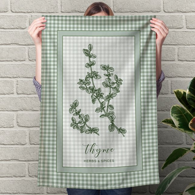 Toalla de cocina con hierba de tomillo – Borde de  (Thyme Herb Kitchen Towel – Green Gingham Border)