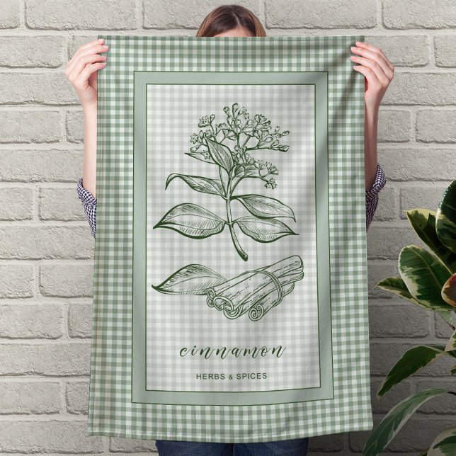 Toalla de cocina con hierbas de canela – Borde de  (Cinnamon Herb Kitchen Towel – Green Gingham Border)