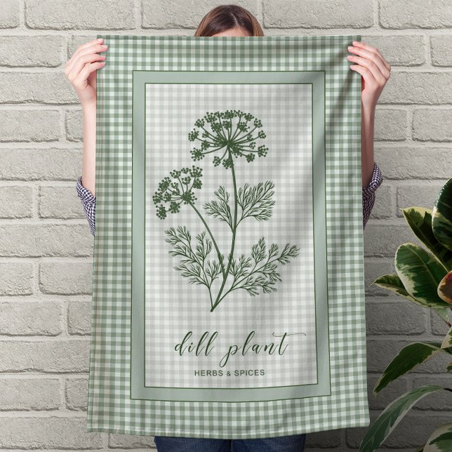 Toalla de cocina con hierbas de eneldo – Borde de  (Dill Herb Kitchen Towel – Green Gingham Border)