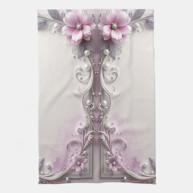 Toalla de cocina con marco floral rosa (Vertical)