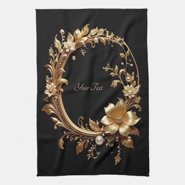 Toalla de cocina con marco ornamentado floral dora (Vertical)