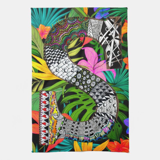 Toalla de cocina con monograma de flores tropicale (Vertical)