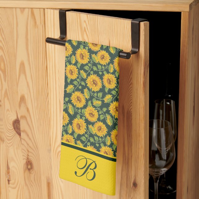 Toalla de cocina con monograma de girasoles (Pliegue de tercios)