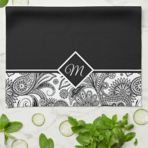 Toalla de cocina con monograma de paisley en blanc