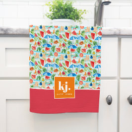 Toalla de cocina con monograma elegante de verano 