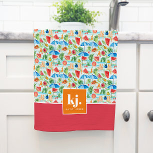 Toalla de cocina con monograma elegante de verano