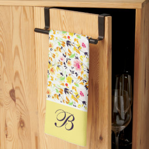 Toalla de cocina con monograma floral de primavera