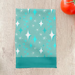Toalla de cocina con motivos retro Verde azulados<br><div class="desc">Una toalla de cocina con un patrón de estrella retro en verde azulado y blanco sobre un fondo verde azulado claro y bordes verde azulados oscuros.</div>