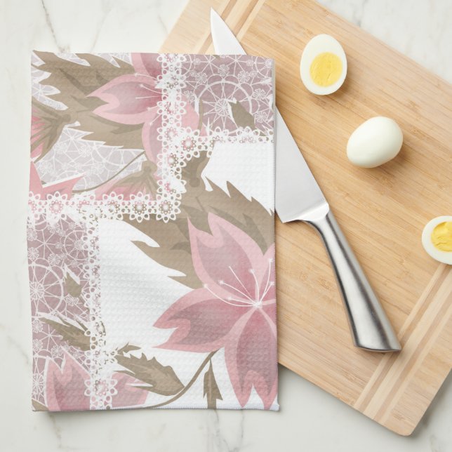 Toalla de cocina con patchwork floral rosa y turbi (Doblado Cuarto)
