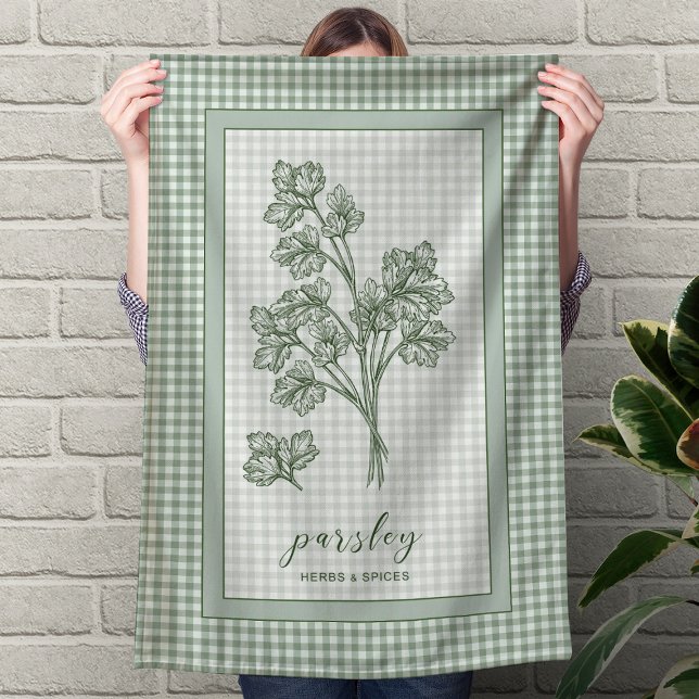 Toalla de cocina con perejil – Borde de gingham ve (Parsley Herb Kitchen Towel – Green Gingham Border)