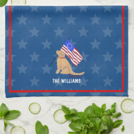 Toalla de cocina con perro dorado bandera american