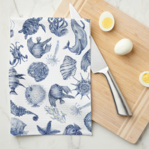 Toalla de cocina costera azul y blanca