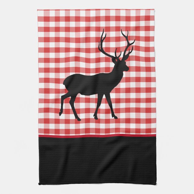 Toalla de cocina-Cuadros rojos-Ciervo (Vertical)