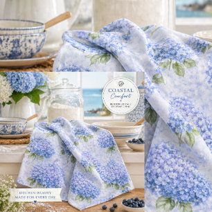 Toalla de cocina de acuarela de hortensia azul cos