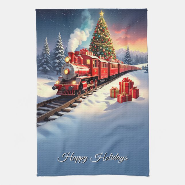 Toalla de cocina de árbol de Navidad de tren rojo  (Vertical)