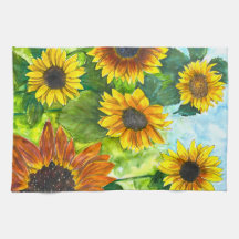 Toalla de cocina de arte de acuarela de girasol de