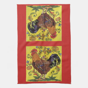 Toalla de cocina de arte folclórico rojo de gallo