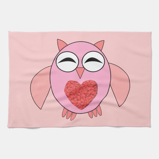 Toalla de cocina de búho rosa de amor (Horizontal)