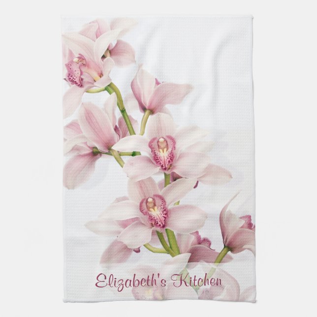 Toalla de cocina de cimbidio rosa personalizada (Vertical)