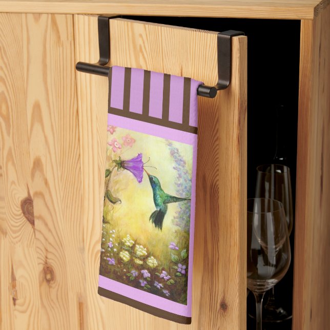 Toalla de cocina de colibrí rayada de Lavender (Pliegue de tercios)