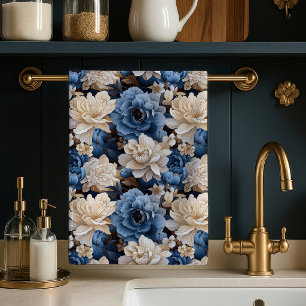 Toalla de cocina de decoración floral azul blanco