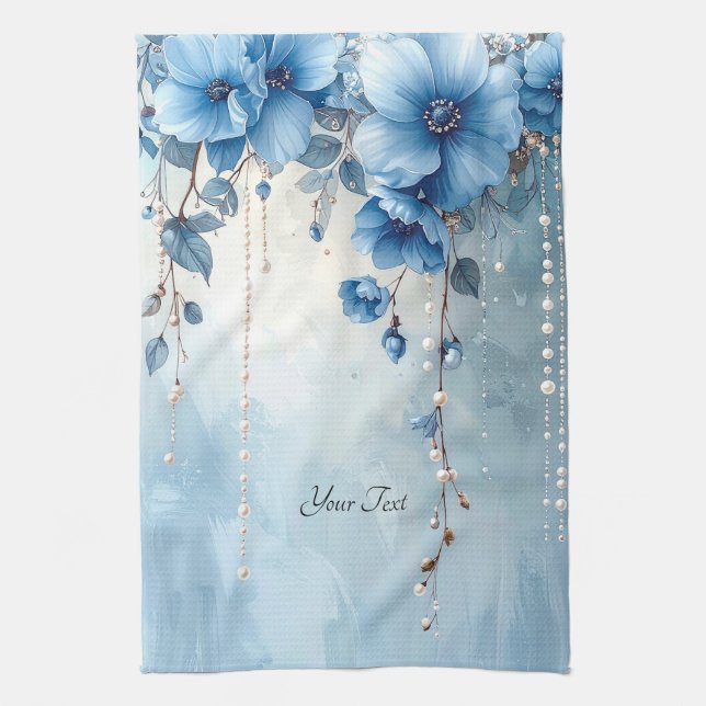 Toalla de cocina de flores azules y perlas (Vertical)