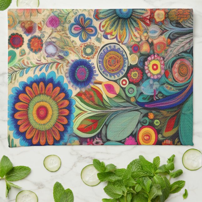 Toalla de cocina de flores de arte popular (Doblado)