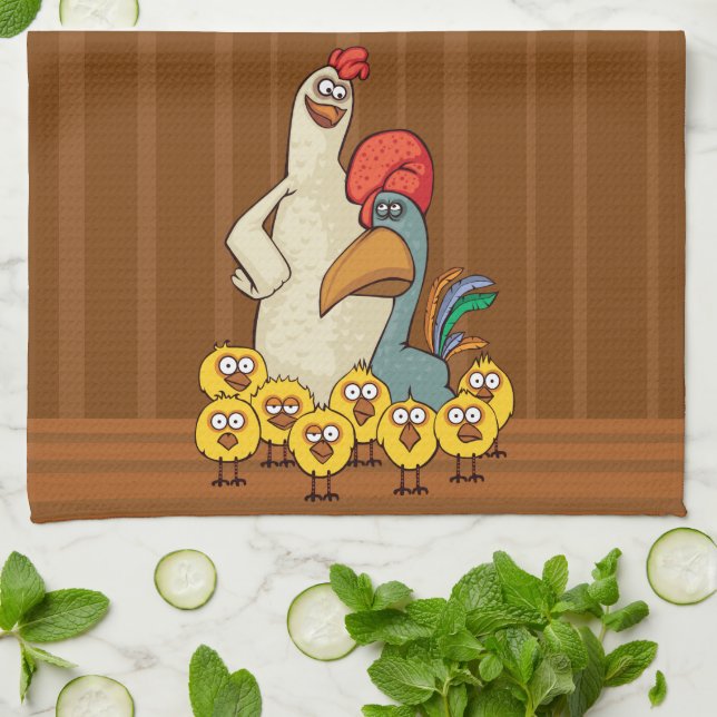 Toalla de cocina de gallo, gallina y pollitos (Doblado)