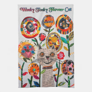 Toalla de cocina de gato y flores de Wonky de medi