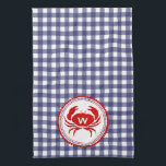 Toalla de Cocina de Gingham azul y cangrejo monogr<br><div class="desc">Una toalla de cocina de diseño de gingham azul.  Personalice su monograma sobre el ilustracion de cangrejo rojo.</div>